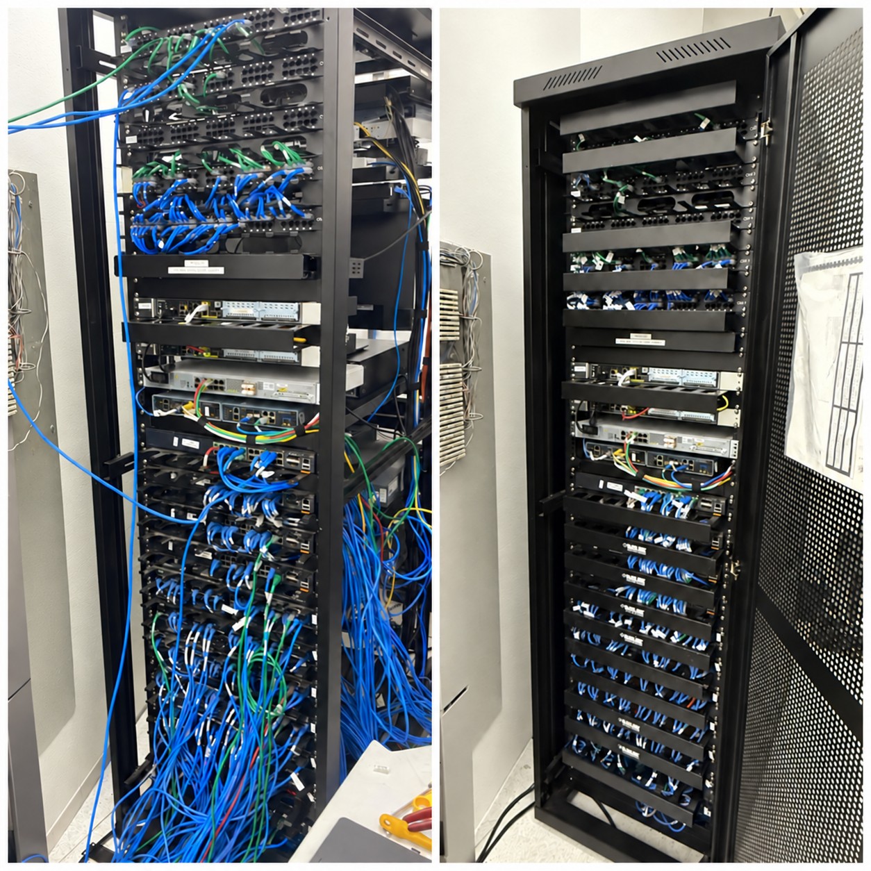 Rack antes e depois da reorganização dos patch cords em uma unidade educacional