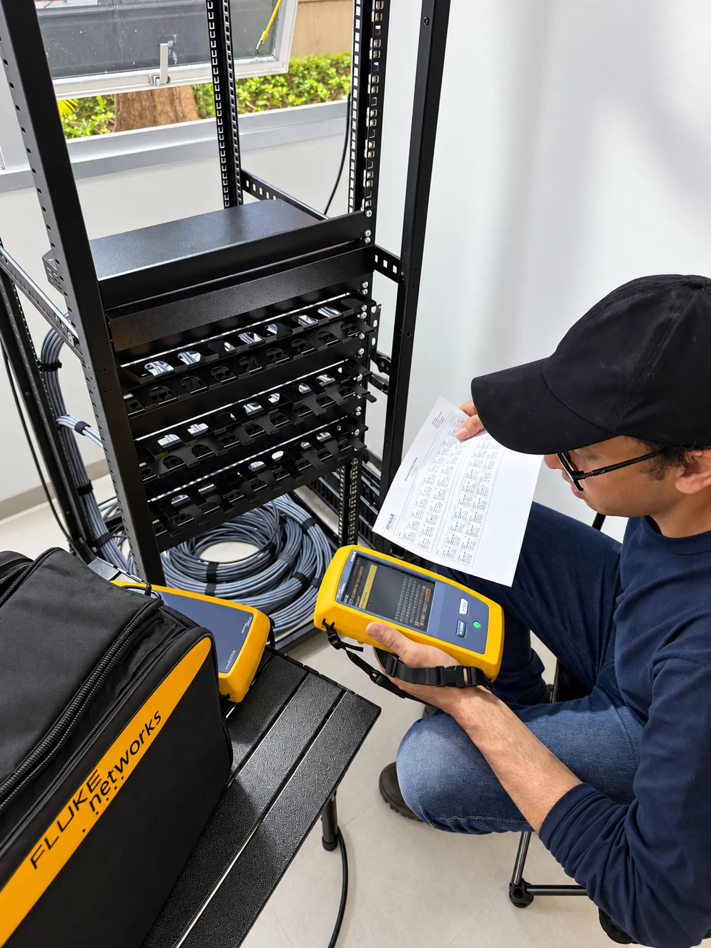 Etapa 12 · Certificação dos enlaces com equipamento Fluke.