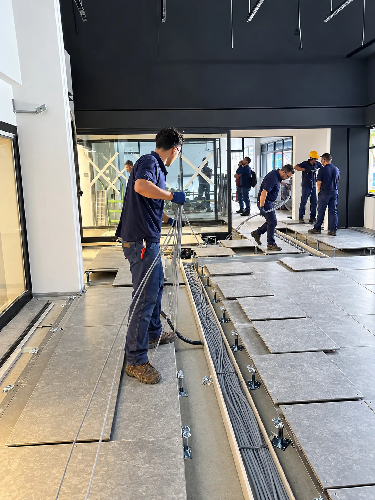 Equipe técnica da Skills lançando cabos sob o piso elevado