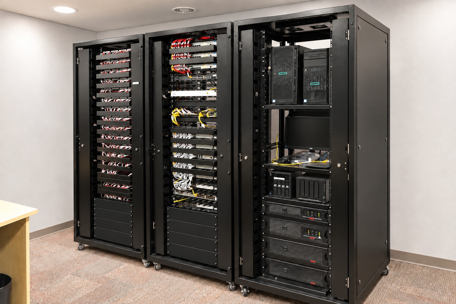 Racks organizados para uma infraestrutura de rede corporativa