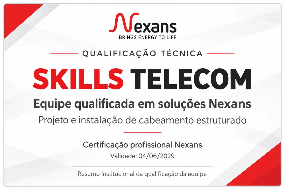 Resumo horizontal da qualificação: Skills Telecom, equipe qualificada em soluções Nexans