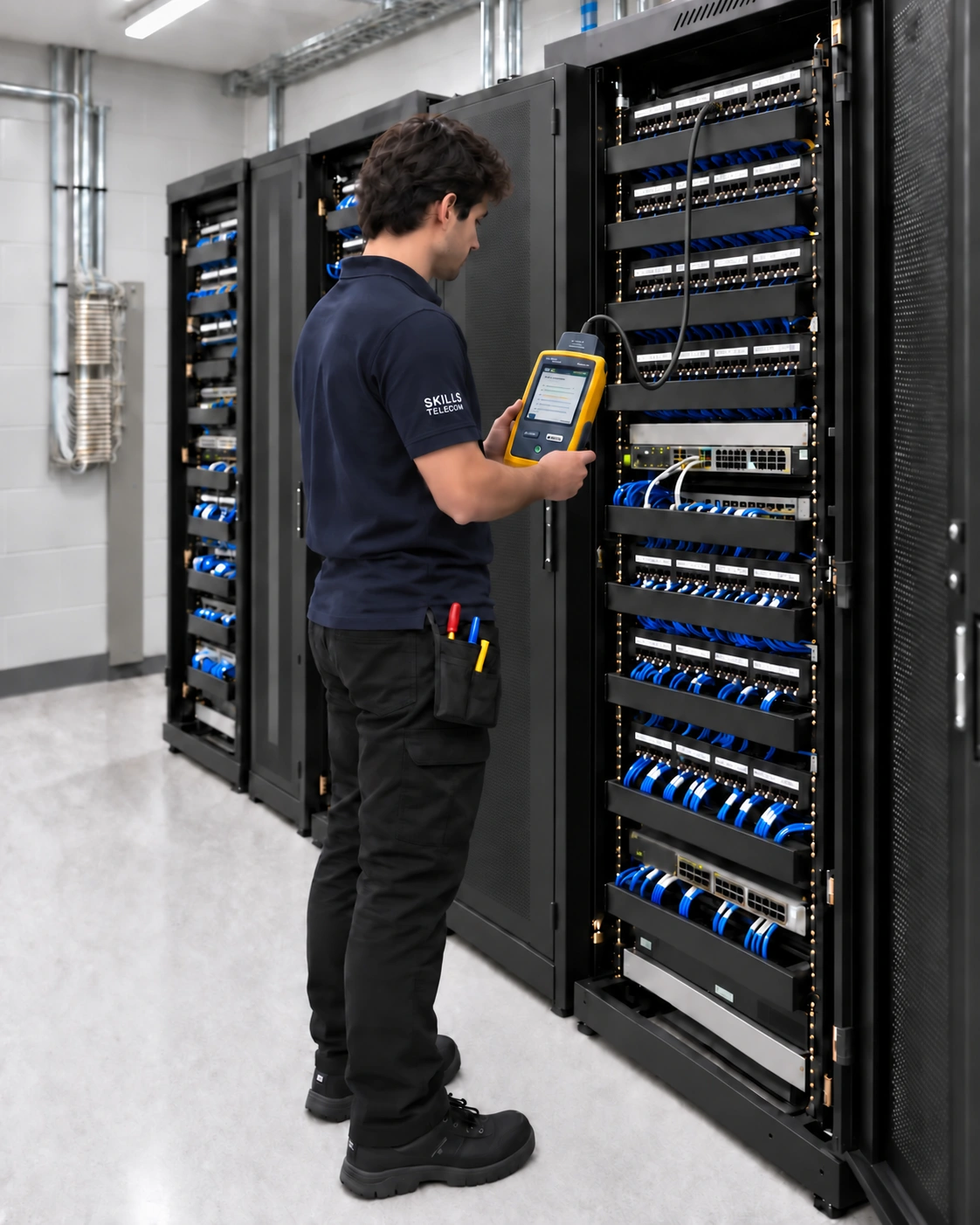 Técnico da Skills Telecom certificando um enlace de rede com equipamento Fluke e um único cabo de teste