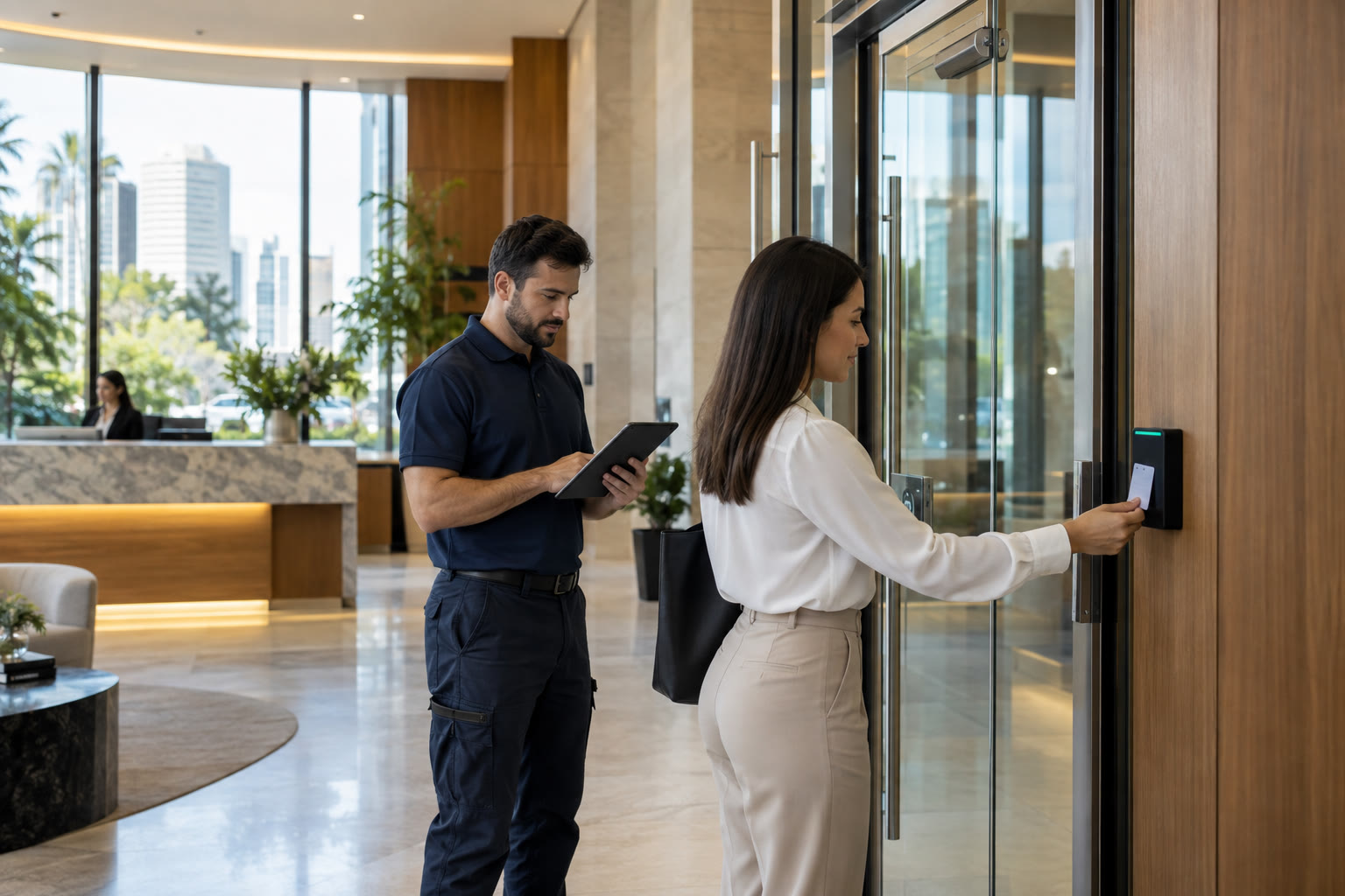 Técnico configurando controle de acesso em recepção corporativa