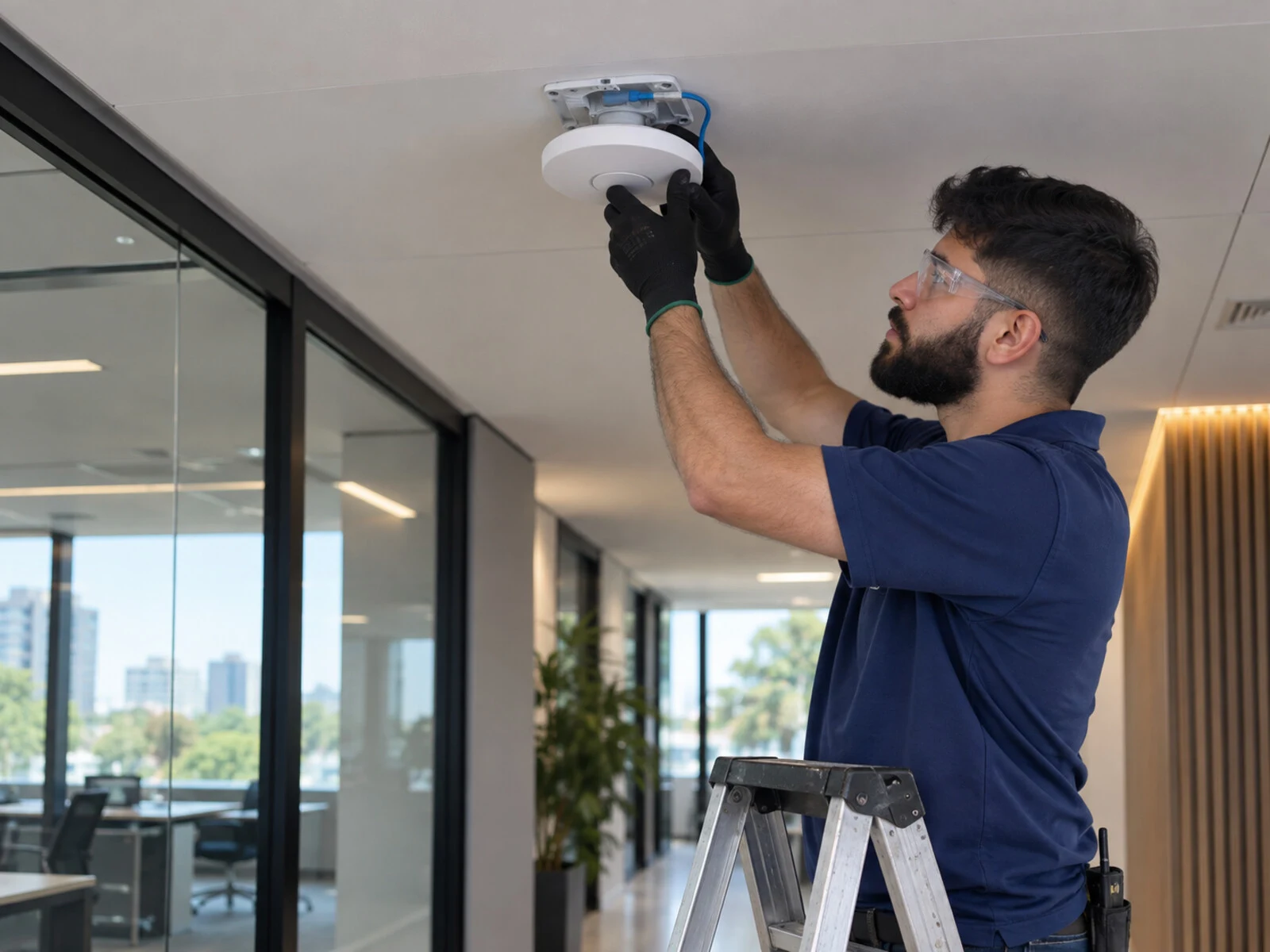 Técnico instalando um access point Wi-Fi corporativo