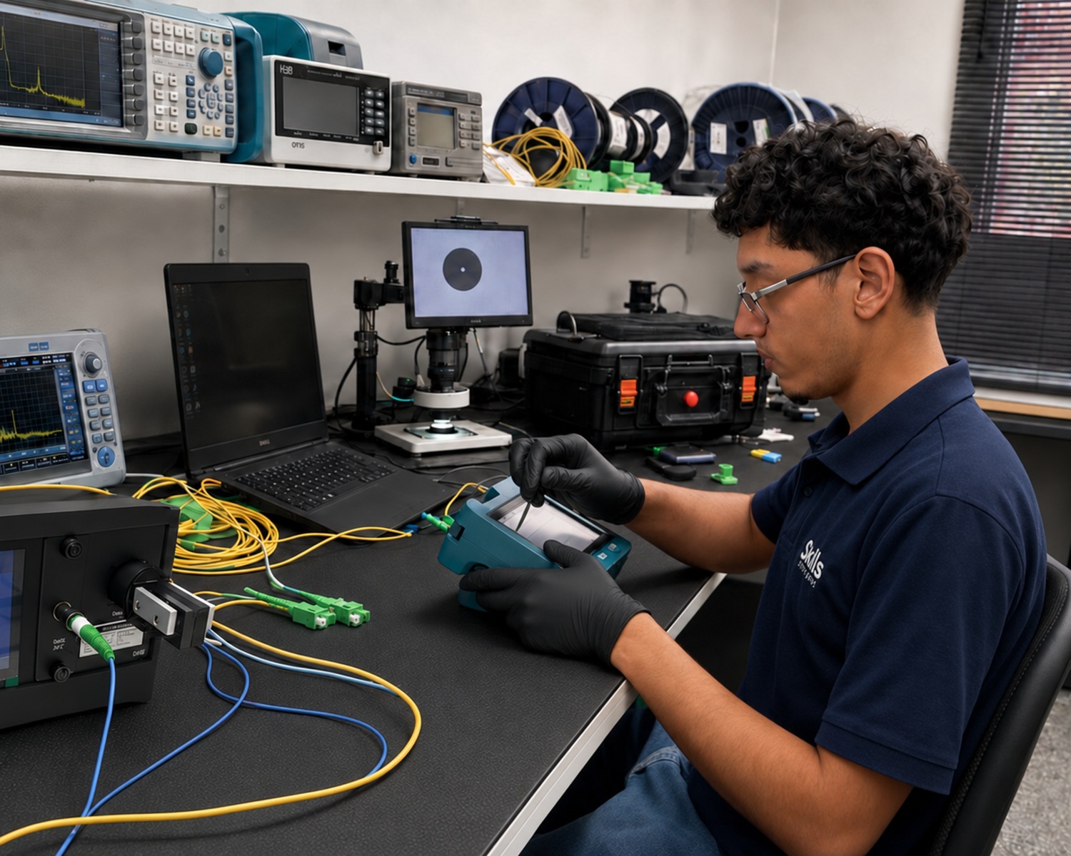 Laboratório da Skills Telecom com instrumentos para ensaios ópticos