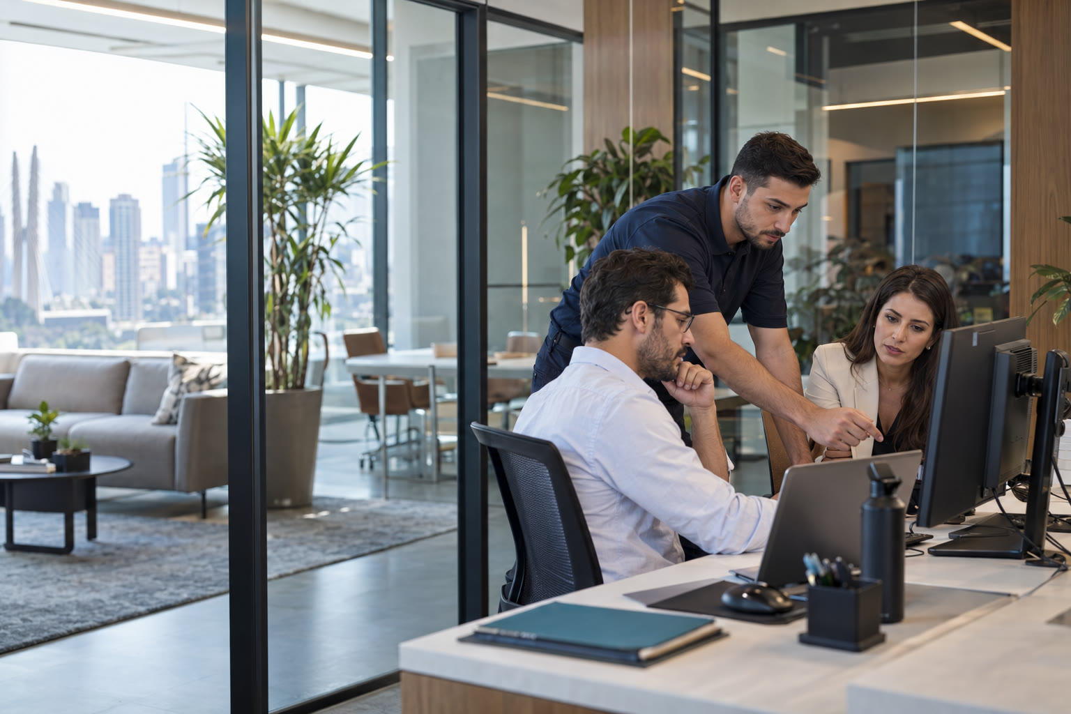 Técnico prestando suporte de TI em escritório corporativo