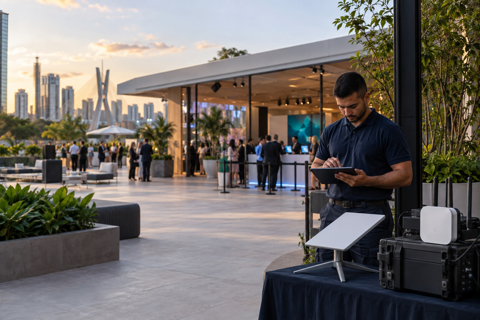 Técnico configurando internet via satélite e rede temporária em evento corporativo